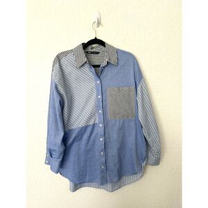 ZARA Patchwork Striped Long Sleeve Button Down Cotton Shirt Sz Medium